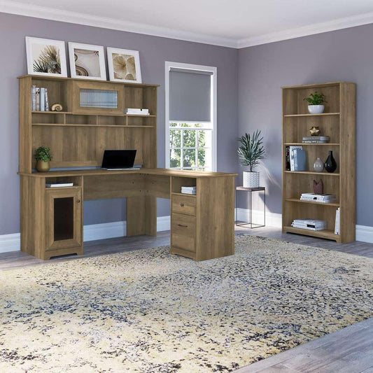 Bush Furniture - Cabot 60W L Shaped Computer Desk with Hutch and 5 Shelf Bookcase in Reclaimed Pine - CAB011RCP veiw 2