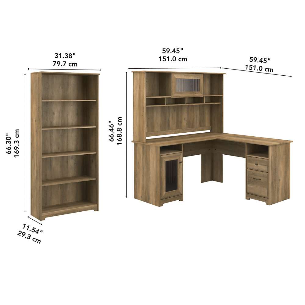 Bush Furniture - Cabot 60W L Shaped Computer Desk with Hutch and 5 Shelf Bookcase in Reclaimed Pine - CAB011RCP veiw 5