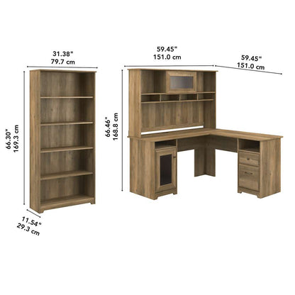 Bush Furniture - Cabot 60W L Shaped Computer Desk with Hutch and 5 Shelf Bookcase in Reclaimed Pine - CAB011RCP veiw 5