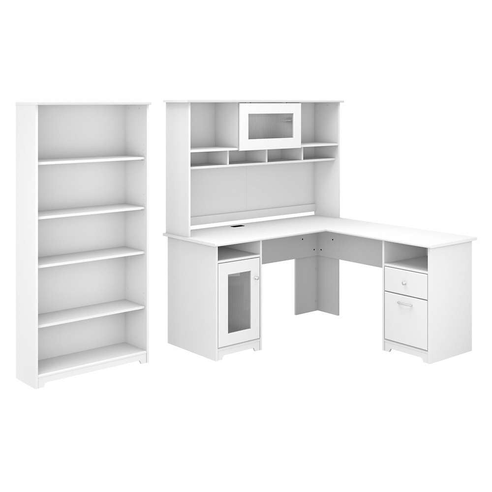 Bush Furniture - Cabot 60W L Shaped Computer Desk with Hutch and 5 Shelf Bookcase in White - CAB011WHN veiw 1