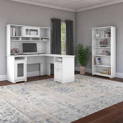 Bush Furniture - Cabot 60W L Shaped Computer Desk with Hutch and 5 Shelf Bookcase in White - CAB011WHN veiw 2