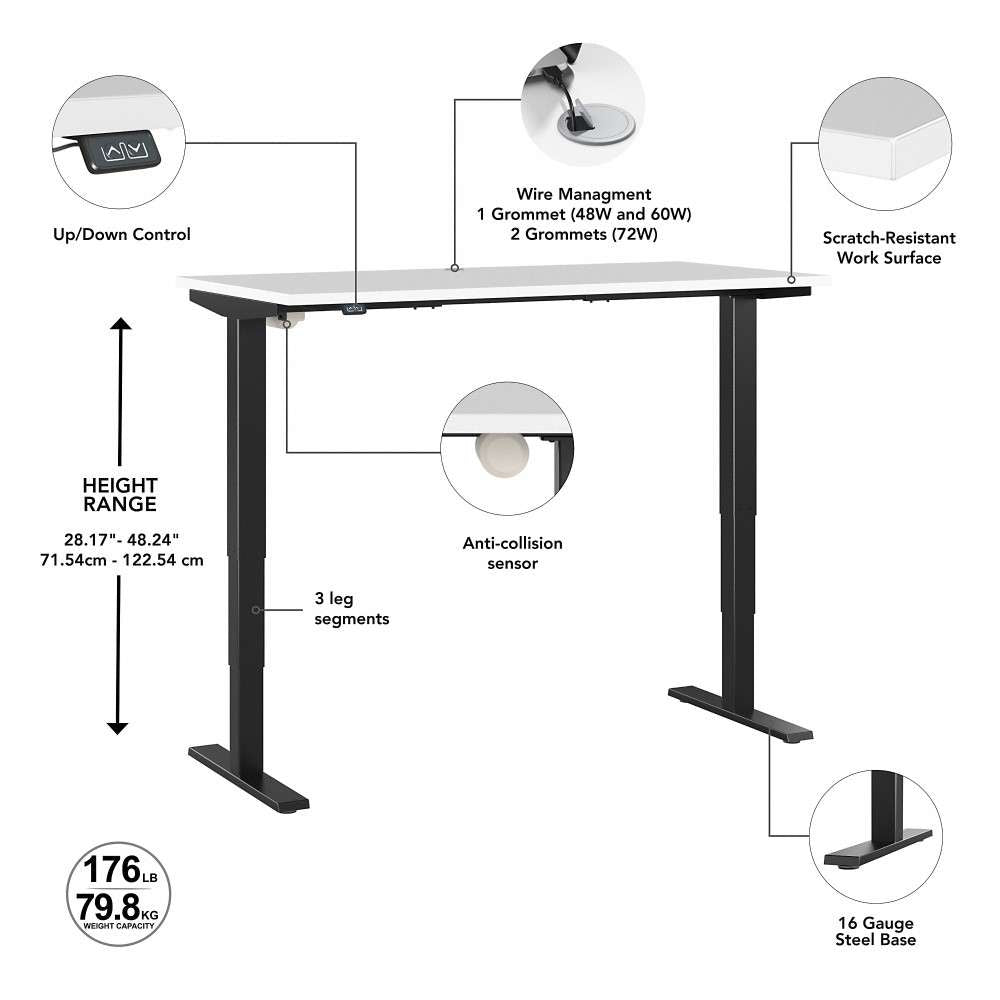 Bush Furniture - Move 40 Series 60W x 30D Electric Height Adjustable Standing Desk in White with Black Base - M4S6030WHBK veiw 3