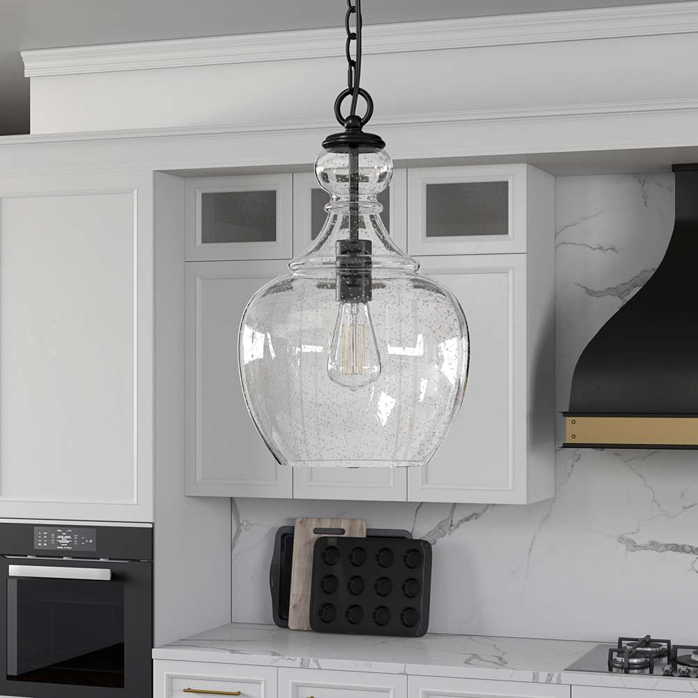 Hudson & Canal - Verona 11in Wide Pendant with Glass Shade in Blackened Bronze/Seeded - PD0272 veiw 2