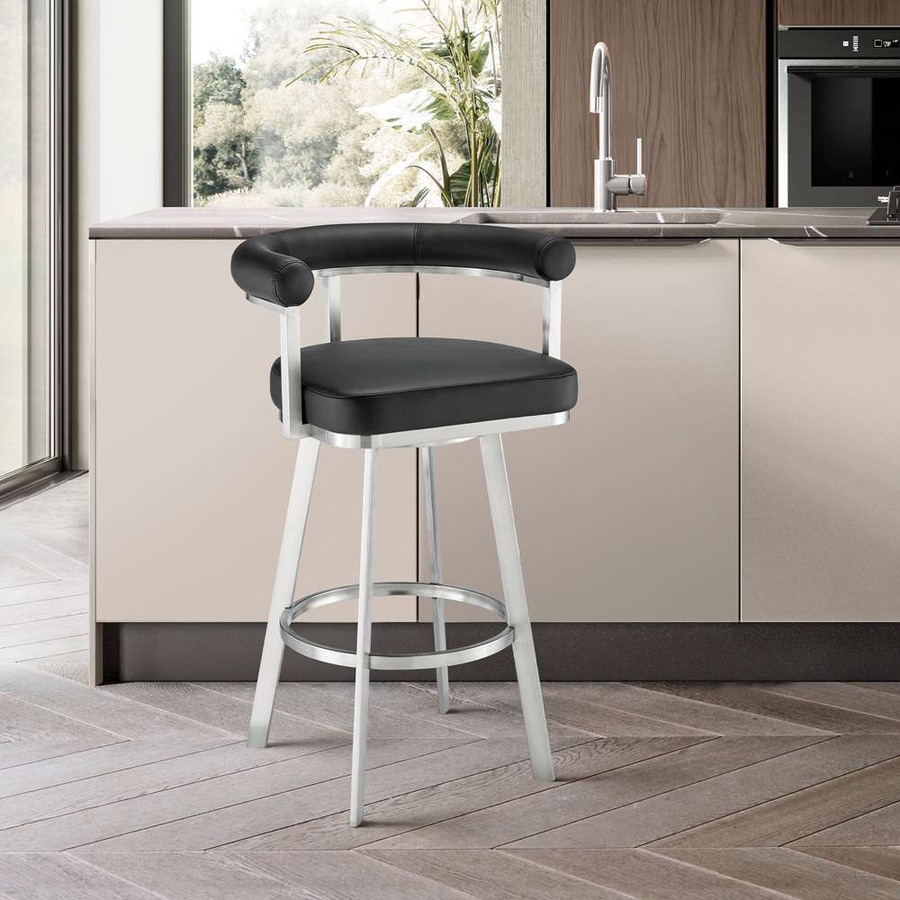 Armen Living - Nolagam Swivel Counter Stool in Brushed Stainless Steel with Black Faux Leather - 840254335608 veiw 7