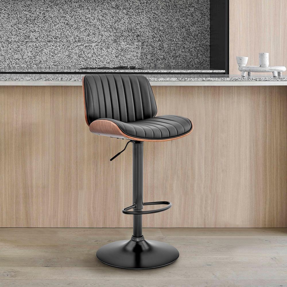 Armen Living - Brock Adjustable Black Faux Leather and Walnut Wood Bar Stool with Black Base - LCBCBAWABLBL veiw 10