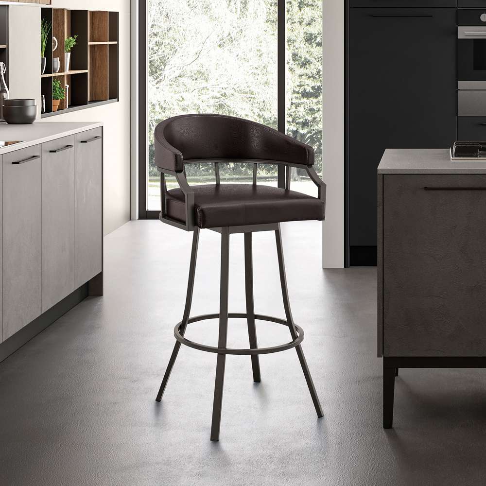 Armen Living - Palmdale 26in Swivel Brown Faux Leather and Java Brown Metal Bar Stool - 795044878134 veiw 8