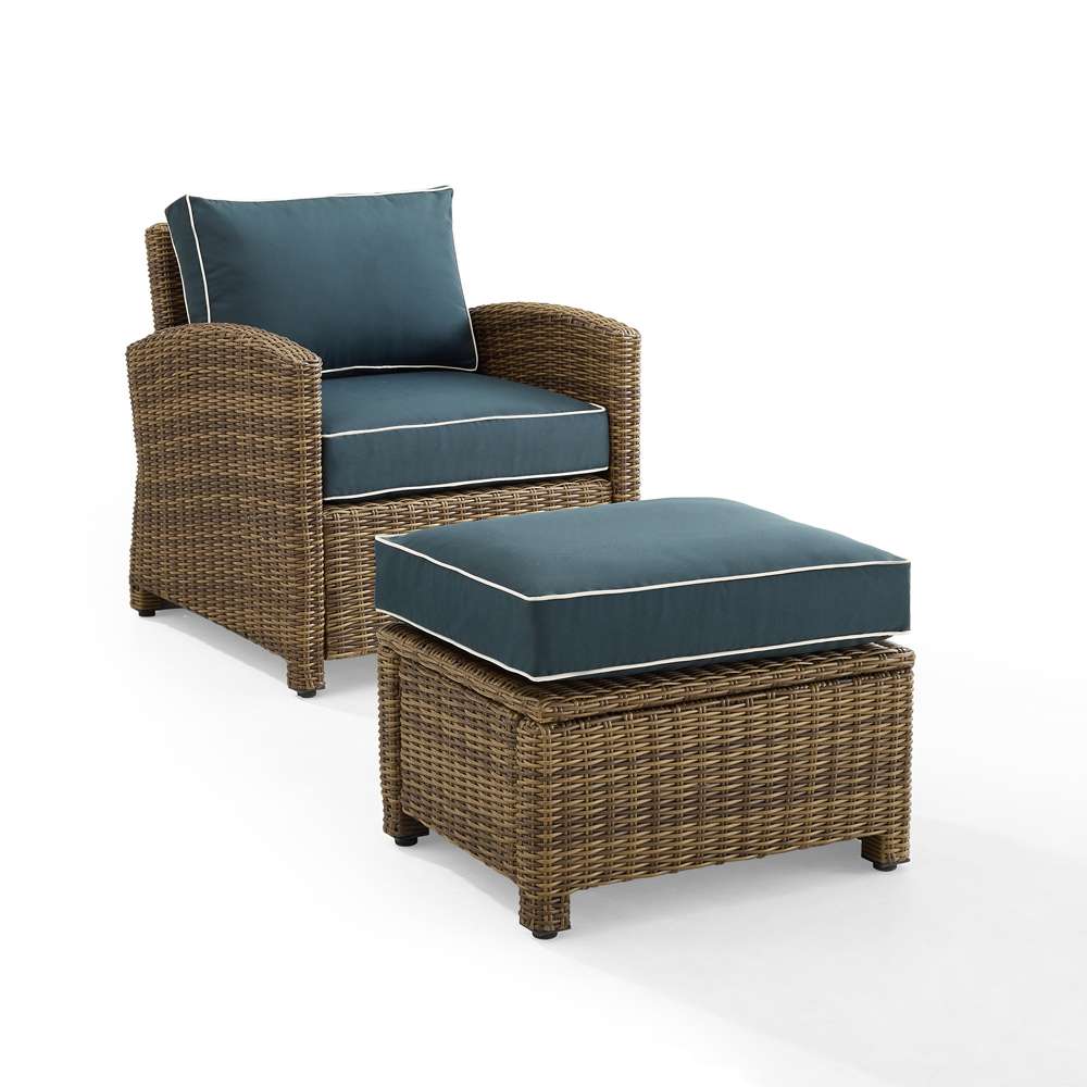Crosley Furniture - Bradenton 2Pc Outdoor Wicker Armchair Set Navy/ Weathered Brown - Armchair & Ottoman - KO70181WB-NV veiw 2