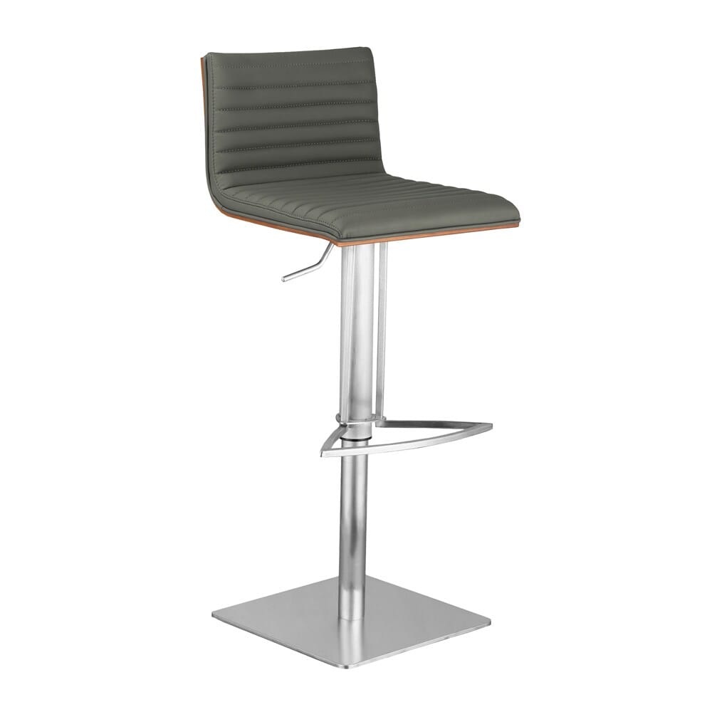 Armen Living - Cafe Adjustable Height Swivel Grey Faux Leather and Walnut Wood Bar Stool with Brushed Stainless Steel Base - LCCASWBAGRB201 veiw 1