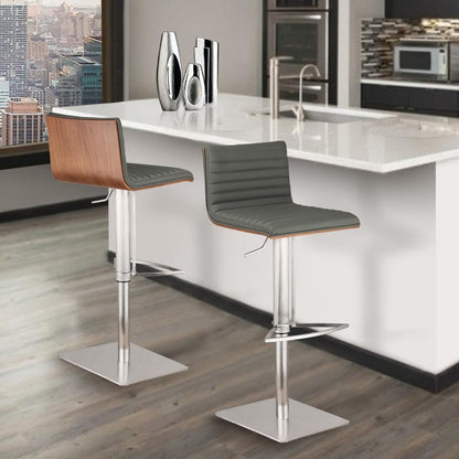 Armen Living - Cafe Adjustable Height Swivel Grey Faux Leather and Walnut Wood Bar Stool with Brushed Stainless Steel Base - LCCASWBAGRB201 veiw 7