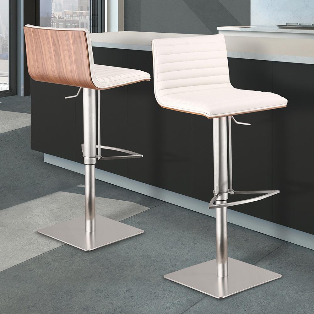 Armen Living - Cafe Adjustable Height Swivel White Faux Leather and Walnut Bar Stool with Brushed Stainless Steel Base - LCCASWBAWHB201 veiw 6