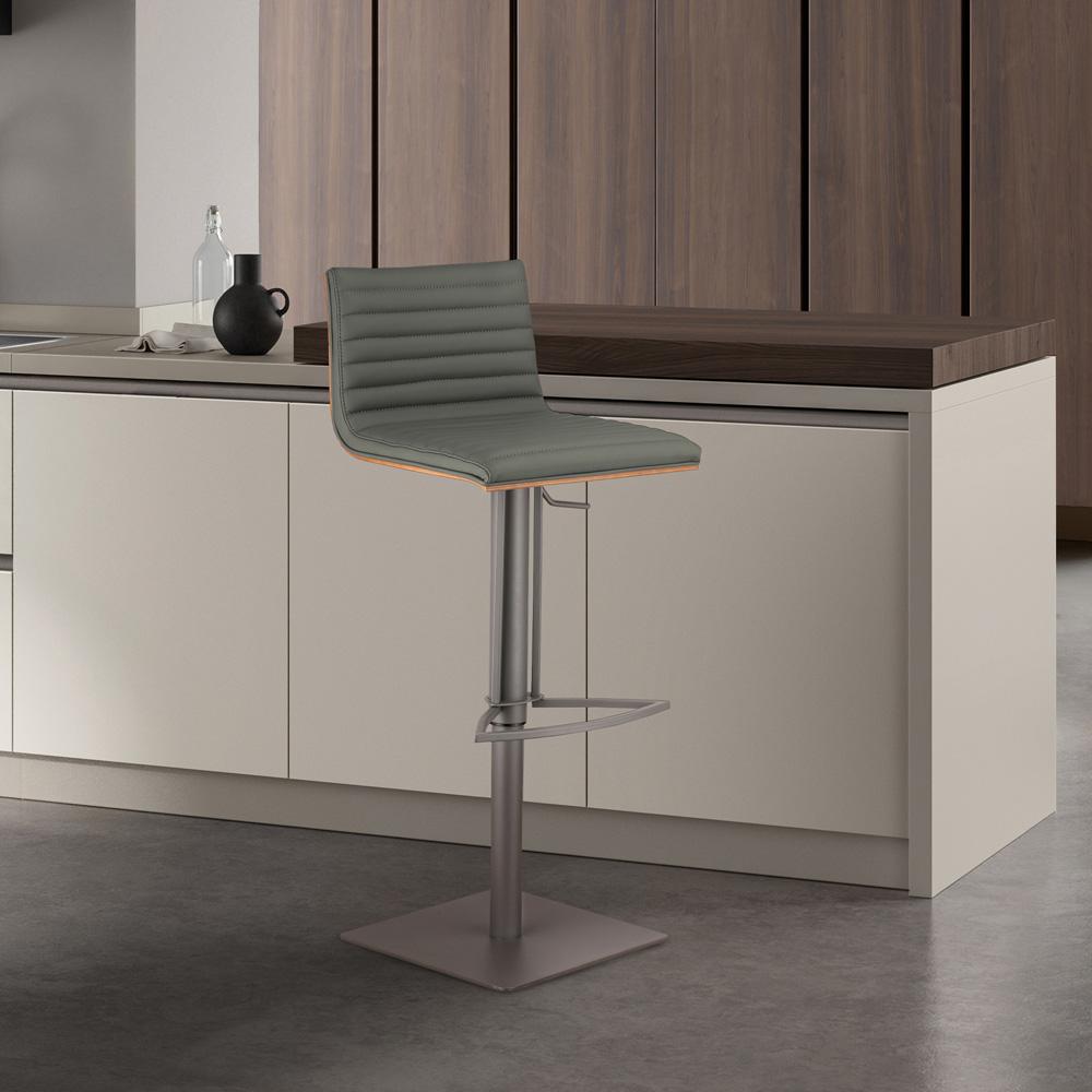 Armen Living - Cafe Adjustable Height Swivel Grey Faux Leather and Walnut Wood Bar Stool with Grey Metal Base - LCCASWBAGRBA veiw 6