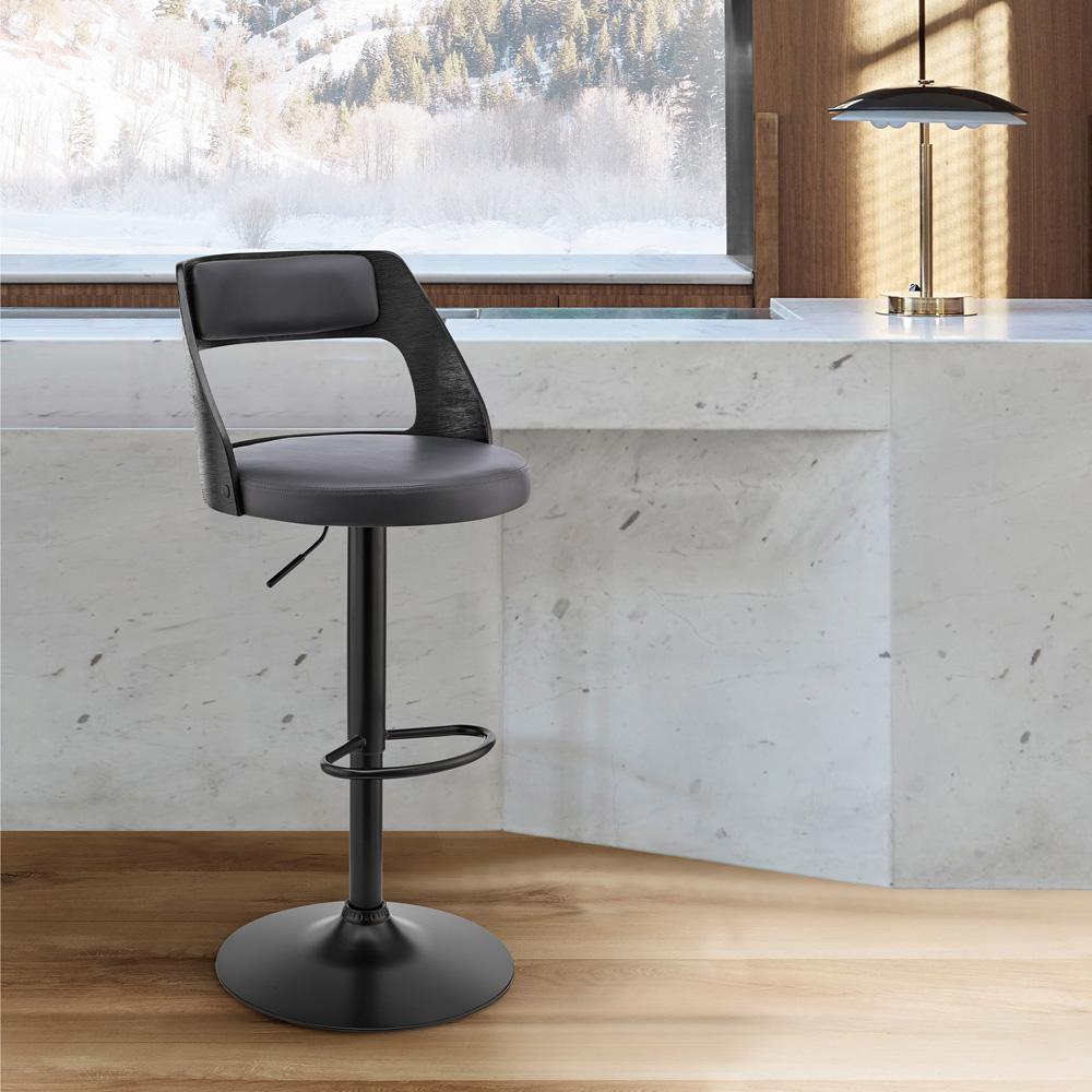 Armen Living - Itzan Adjustable Swivel Grey Faux Leather and Black Wood Bar Stool with Black Base - LCITBABLGR veiw 9