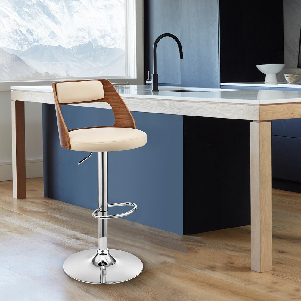 Armen Living - Itzan Adjustable Swivel Cream Faux Leather and Walnut Wood Bar Stool with Chrome Base - LCITBAWACR veiw 9