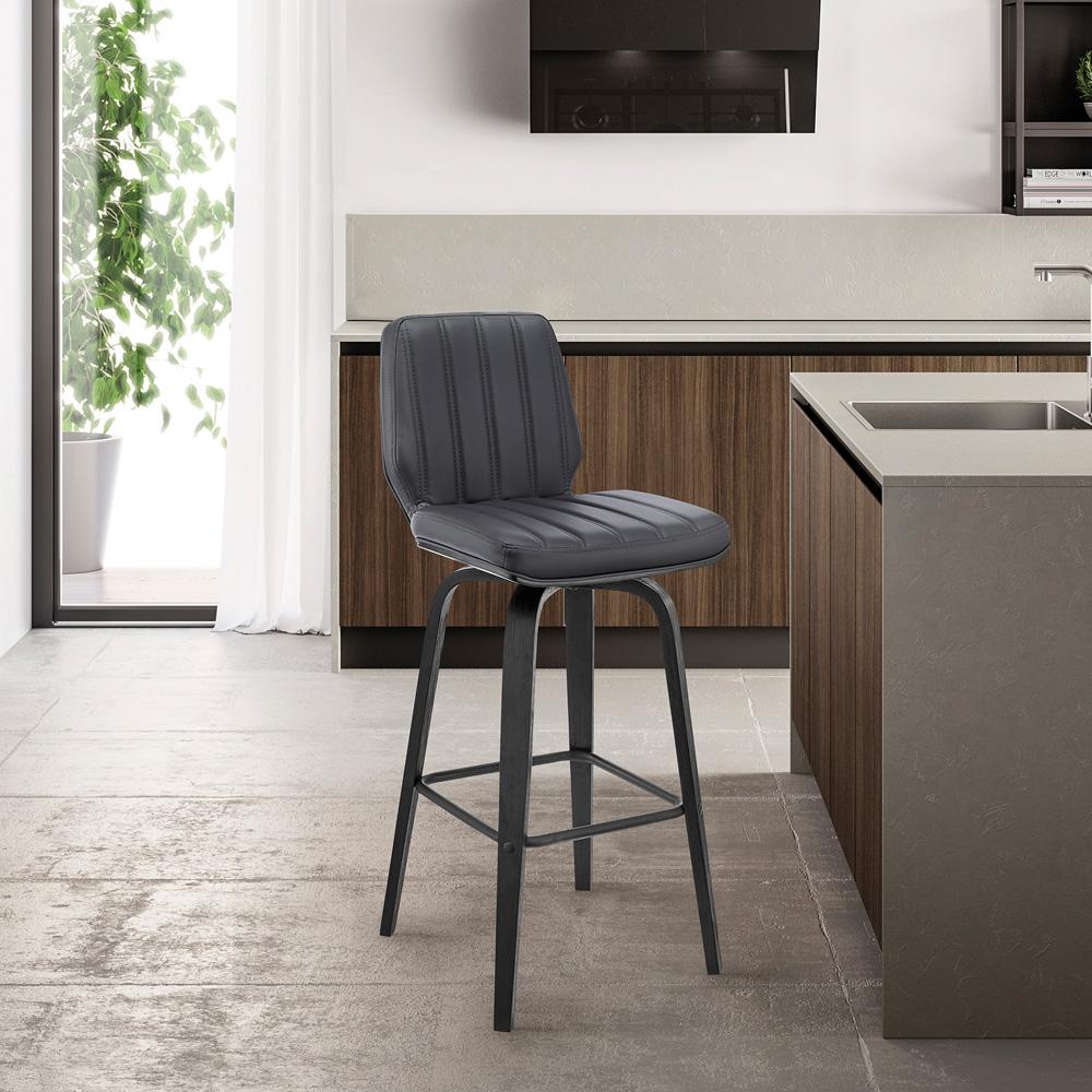 Armen Living - Renee 30in Swivel Grey Faux Leather and Black Wood Bar Stool - LCRNBABLGR30 veiw 9