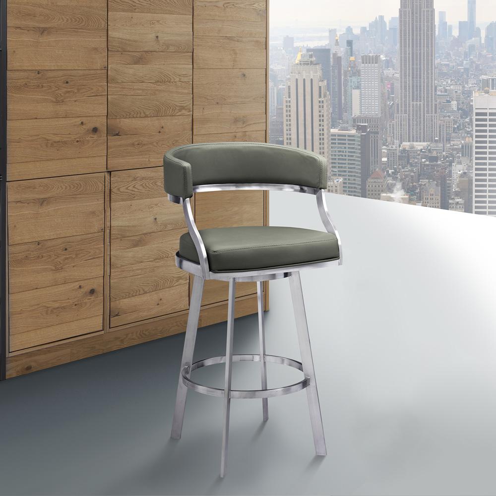 Armen Living - Saturn 26in Counter Height Swivel Grey Faux Leather and Brushed Stainless Steel Bar Stool - LCSNBABSGR26 veiw 8