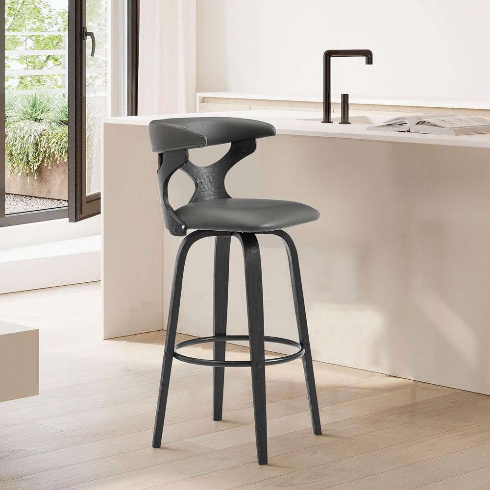 Armen Living - Zenia 30in Swivel Bar Stool in Gray Faux Leather and Black Wood - LCZNBABLGR30 veiw 8