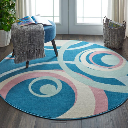 Nourison - Grafix GRF21 Blue and Pink 53in x Round Mid-century Area Rug - GRF21-99446481740_CLOSEOUT veiw 2