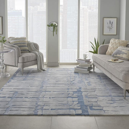 Nourison - Symmetry SMM04 Blue and Bone 79in x 99in Large Textured Rug - SMM04-99446495778_CLOSEOUT veiw 2