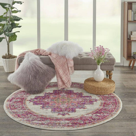 Nourison - Passion PSN03 Pink and White 53in x Round Vintage Area Rug - PSN03-99446259660 veiw 2