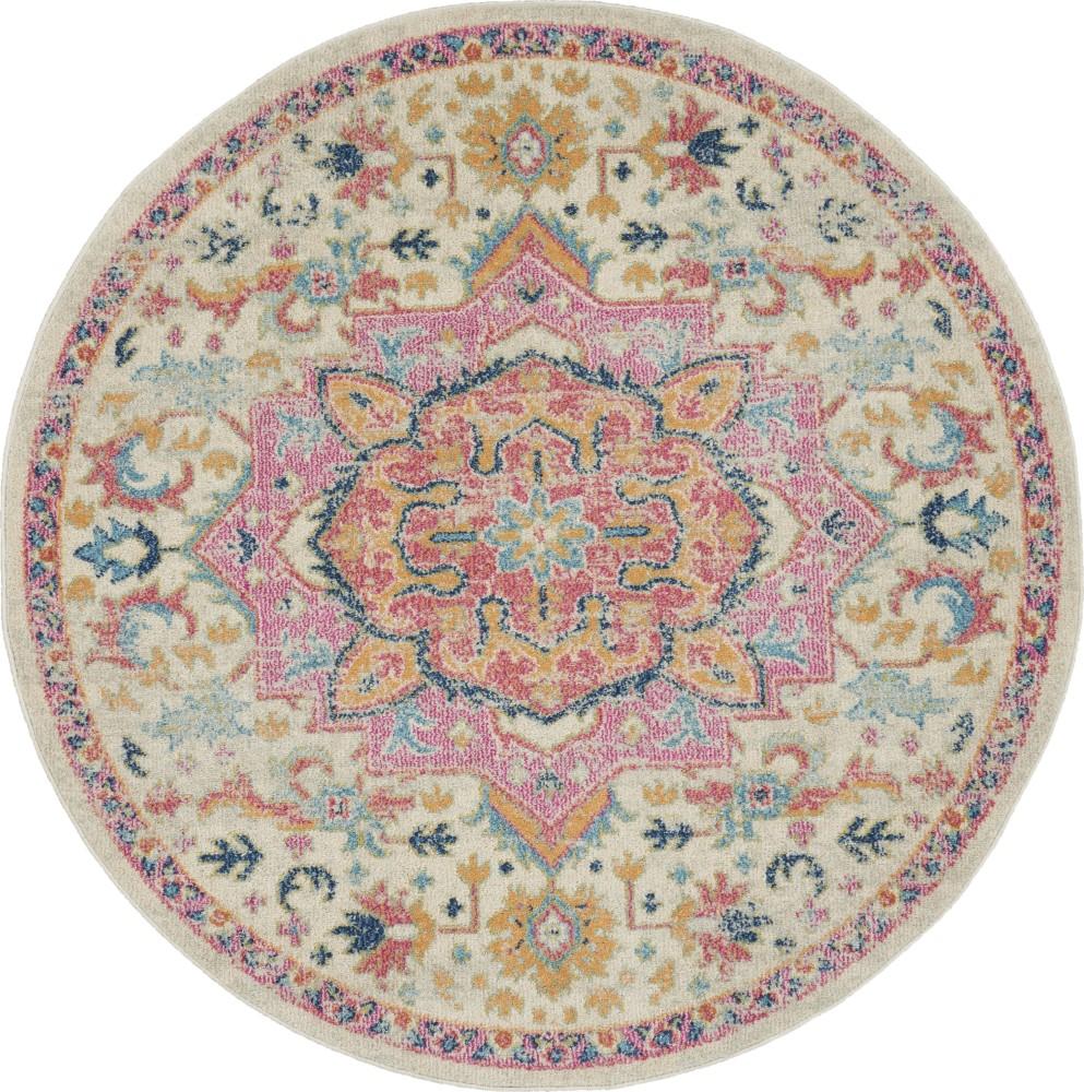 Nourison - Passion 53in x Round Ivory, Pink Bohemian Area Rug - PSN25-99446748201 veiw 1