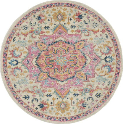 Nourison - Passion 53in x Round Ivory, Pink Bohemian Area Rug - PSN25-99446748201 veiw 1
