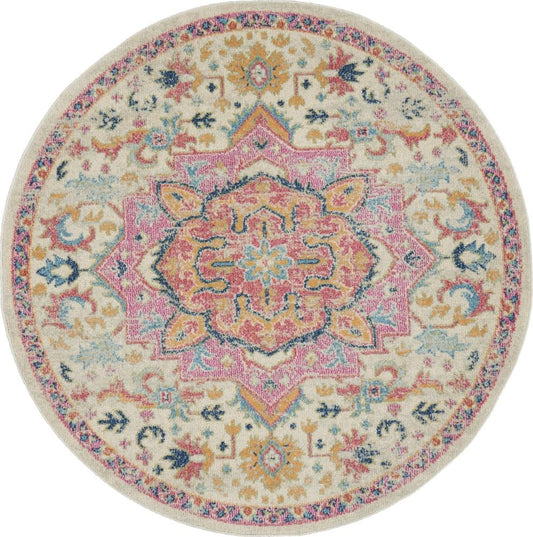 Nourison - Passion 53in x Round Ivory, Pink Bohemian Area Rug - PSN25-99446748201 veiw 1