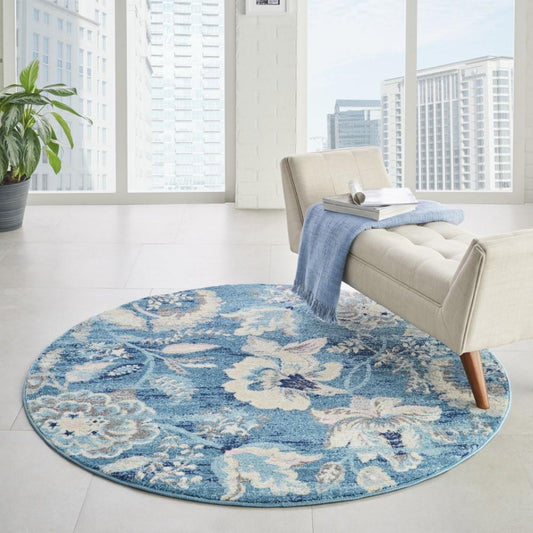 Nourison - Tranquil TRA02 Turquoise Blue and White 53in x Round French Country Area Rug - TRA02-99446483959 veiw 2