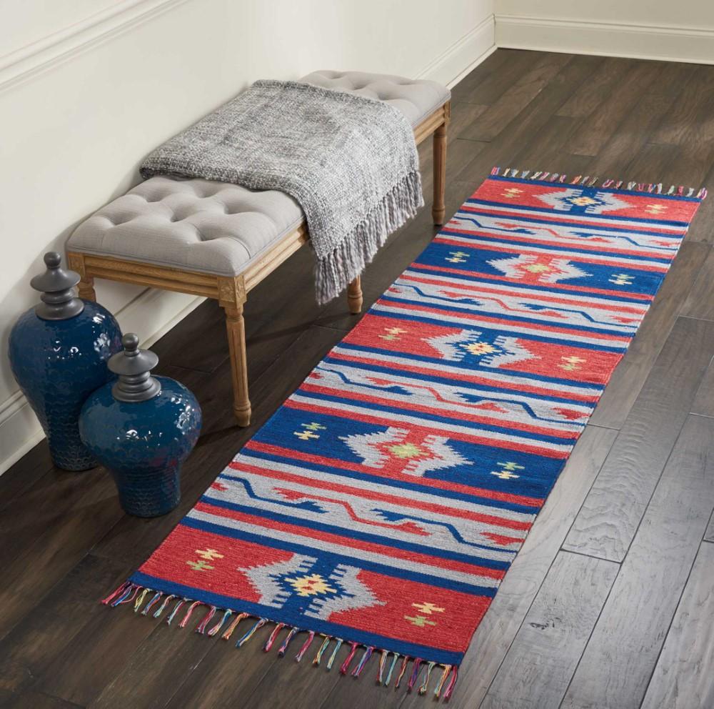 Nourison - Baja BAJ03 Blue and Red 23in x 76in Flat Weave Hallway Rug - BAJ03-99446395733 veiw 2