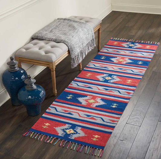 Nourison - Baja BAJ03 Blue and Red 23in x 76in Flat Weave Hallway Rug - BAJ03-99446395733 veiw 2