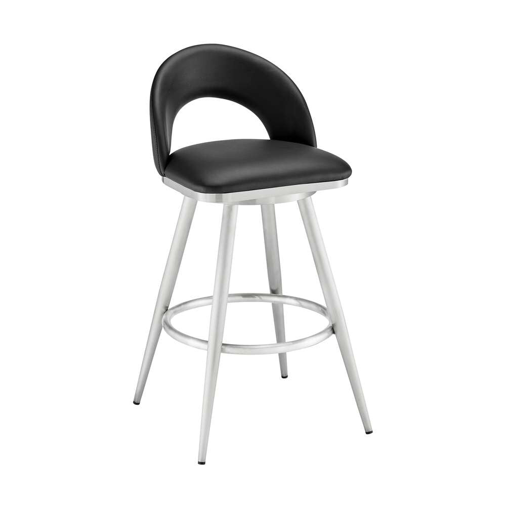 Armen Living - Lottech Swivel Counter Stool in Brushed Stainless Steel and Black Faux Leather - 840254335356 veiw 1