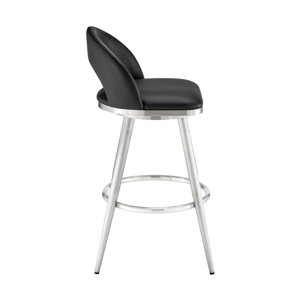 Armen Living - Lottech Swivel Counter Stool in Brushed Stainless Steel and Black Faux Leather - 840254335356 veiw 3