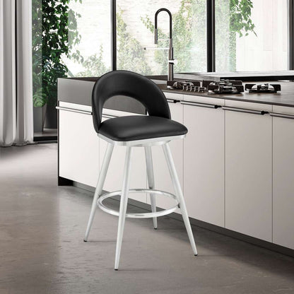 Armen Living - Lottech Swivel Counter Stool in Brushed Stainless Steel and Black Faux Leather - 840254335356 veiw 7