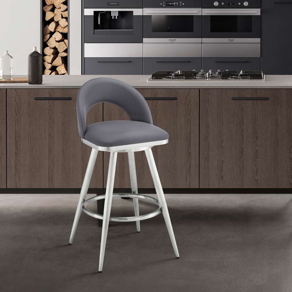 Armen Living - Lottech Swivel Counter Stool in Brushed Stainless Steel and Grey Faux Leather - 840254335363 veiw 7