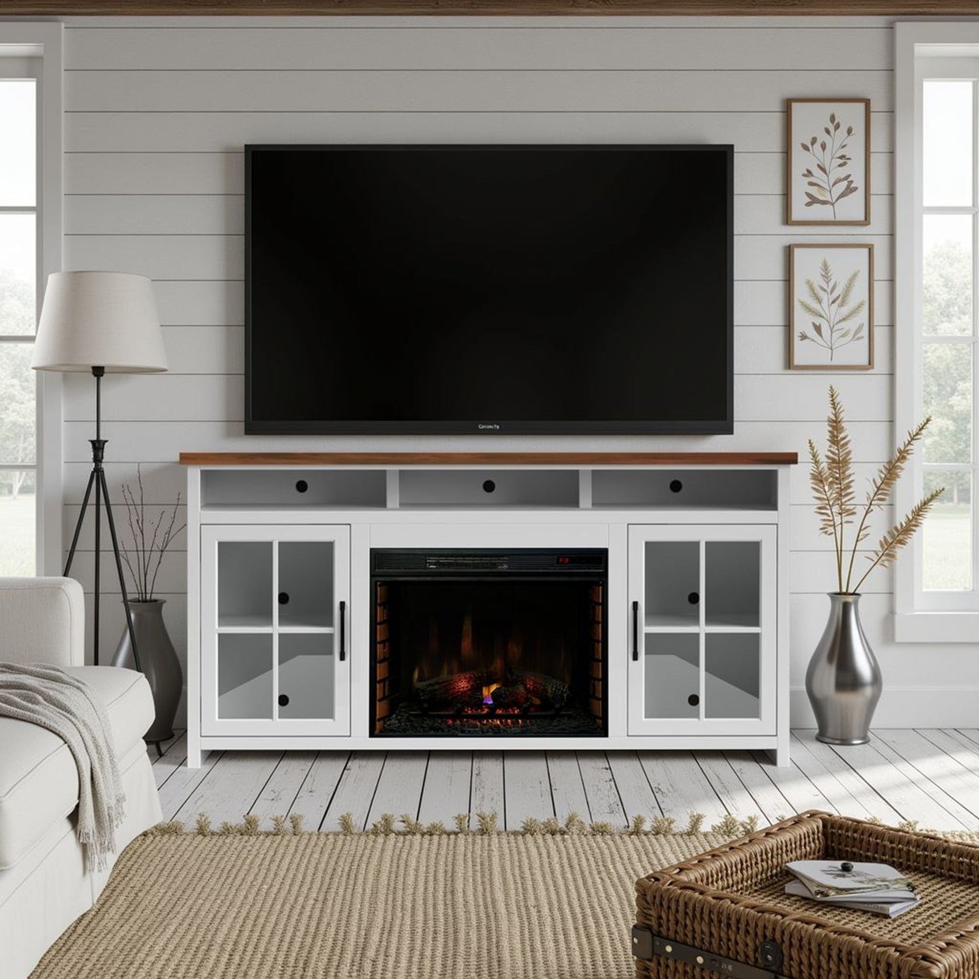 Legends Furniture - Bridgevine Home 73 in. Whitewash and Barnwood Brown Finish Solid Wood Fireplace TV Stand - HT5110.BJW view 7