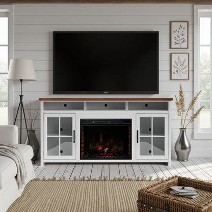 Legends Furniture - Bridgevine Home 73 in. Whitewash and Barnwood Brown Finish Solid Wood Fireplace TV Stand - HT5110.BJW view 7