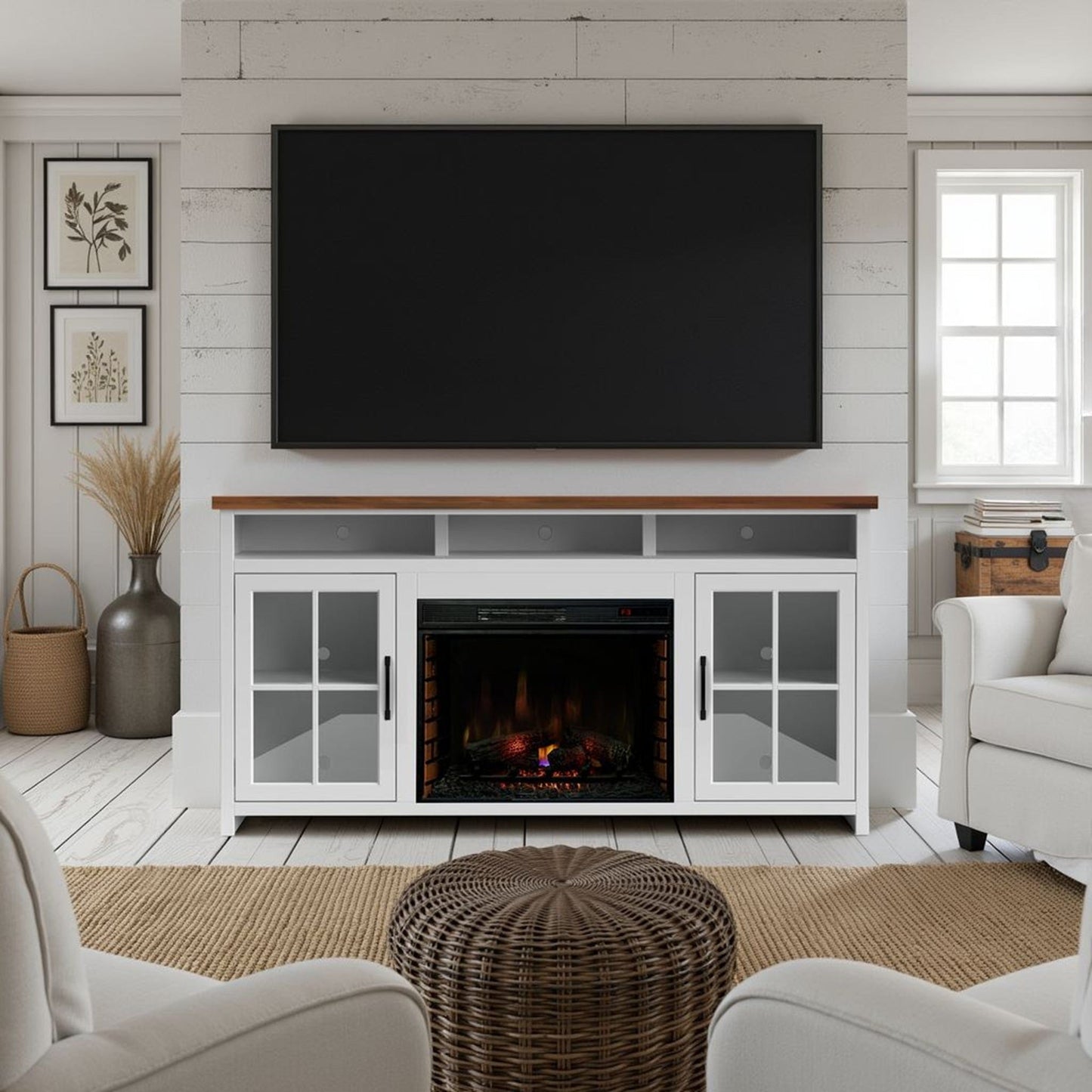 Legends Furniture - Bridgevine Home 73 in. Whitewash and Barnwood Brown Finish Solid Wood Fireplace TV Stand - HT5110.BJW view 8