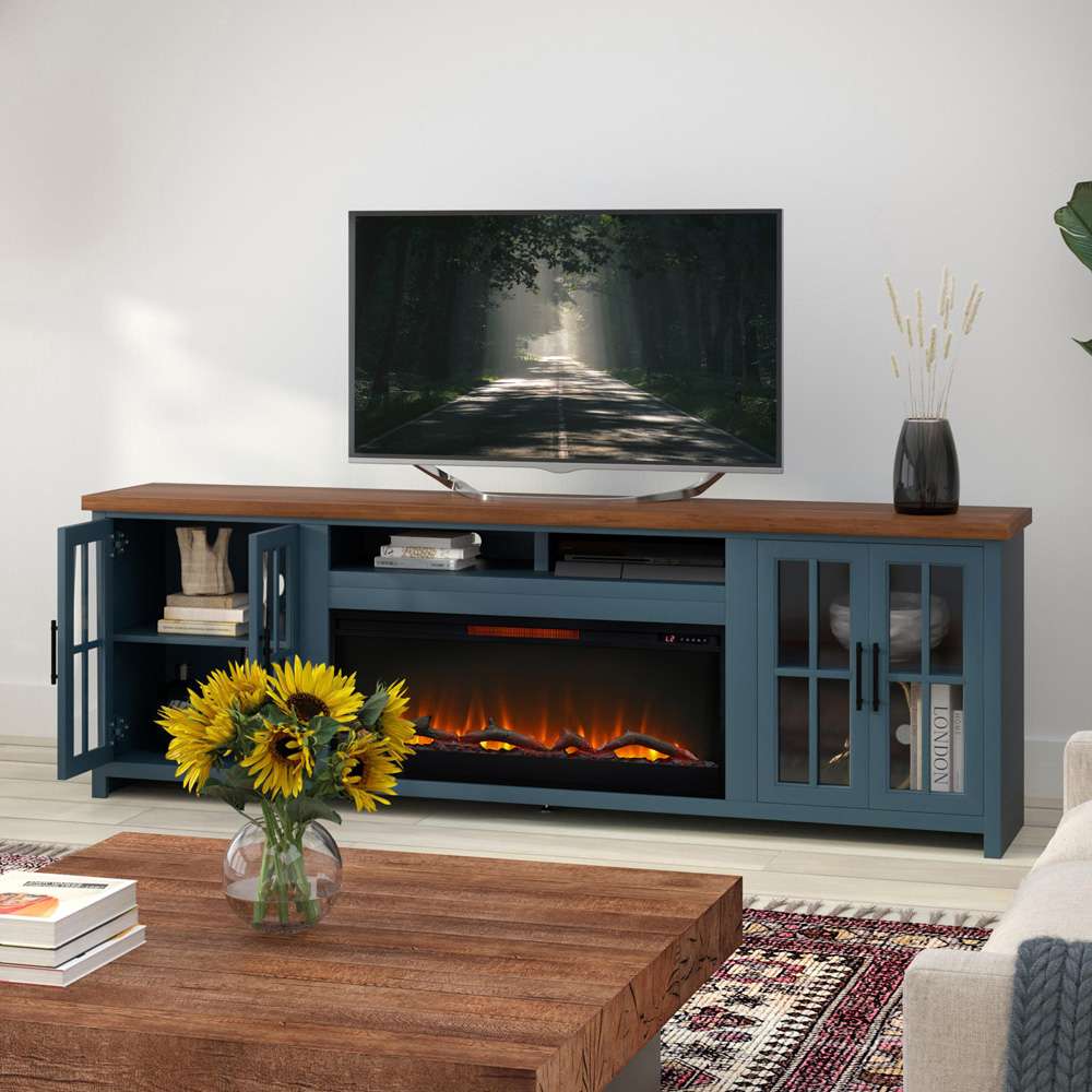 Legends Furniture - Bridgevine Home 97 in. Blue Denim and Barnwood Brown Finish Solid Wood Fireplace TV Stand - NT5410.BWK veiw 4