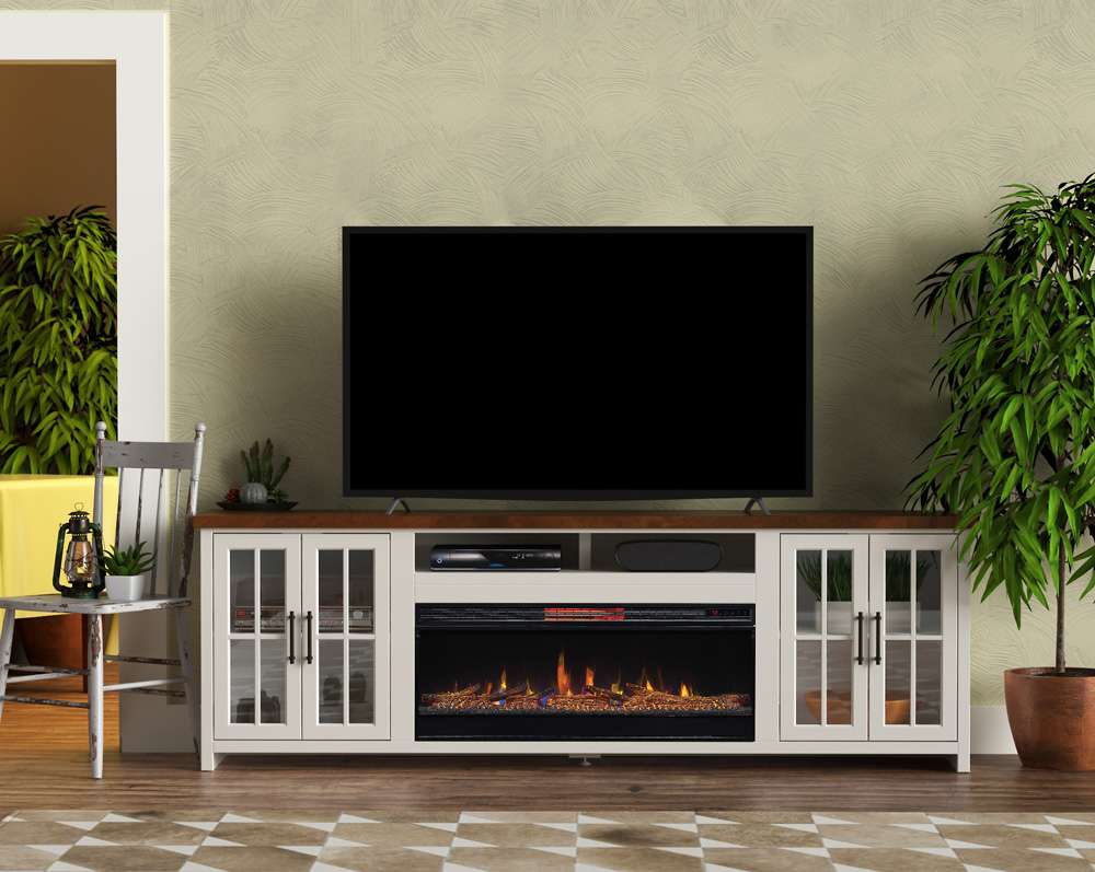 Legends Furniture - Bridgevine Home 97 in. Whitewash and Barnwood Brown Finish Solid Wood Fireplace TV Stand - HT5410.BJW view 1