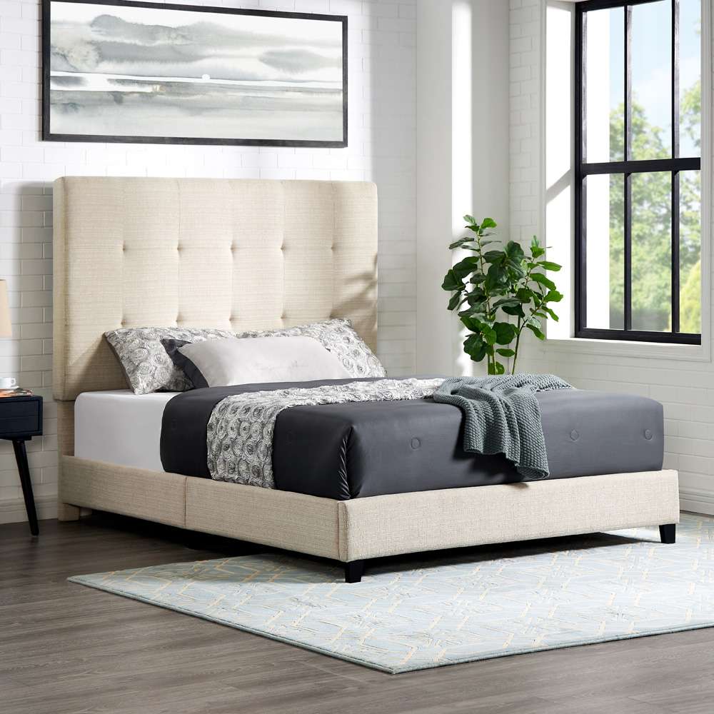 Legends Furniture - Bridgevine Home Queen Size Tall Tan Tufted Headboard Upholstered Platform Bed - ZBRD-7002QN veiw 1