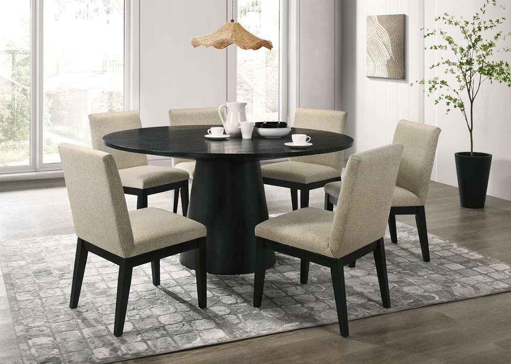 Lilola Home - Jasper Ebony Black 7 Piece 59inW Round Dining Table Set with Beige Fabric Chairs - 30016-4 veiw 1