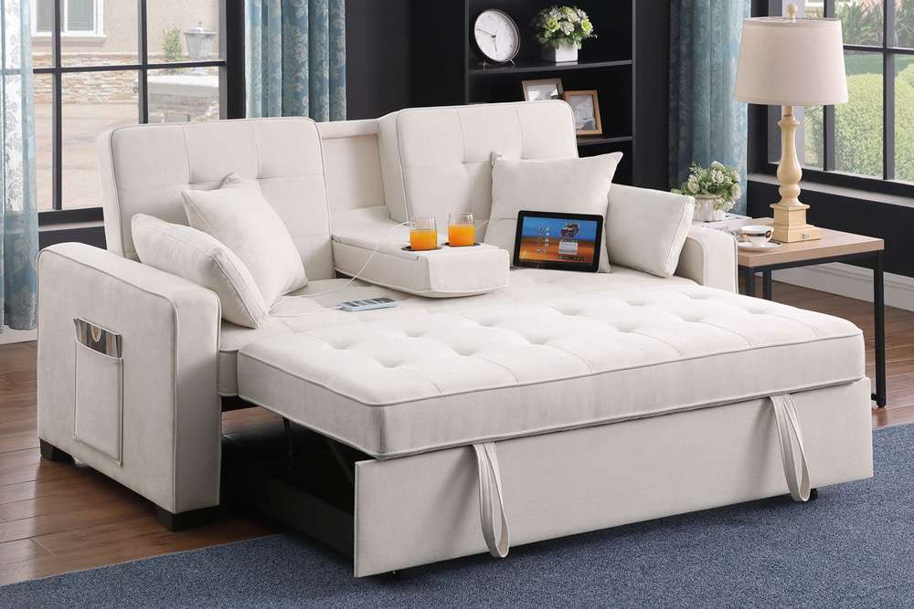 Lilola Home - Cody II 69.5inW Beige Woven Fabric Convertible Sleeper Loveseat with Cup Holder, Charging Ports and Pocket - 83081 veiw 5