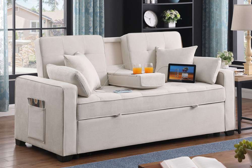 Lilola Home - Cody II 69.5inW Beige Woven Fabric Convertible Sleeper Loveseat with Cup Holder, Charging Ports and Pocket - 83081 veiw 6