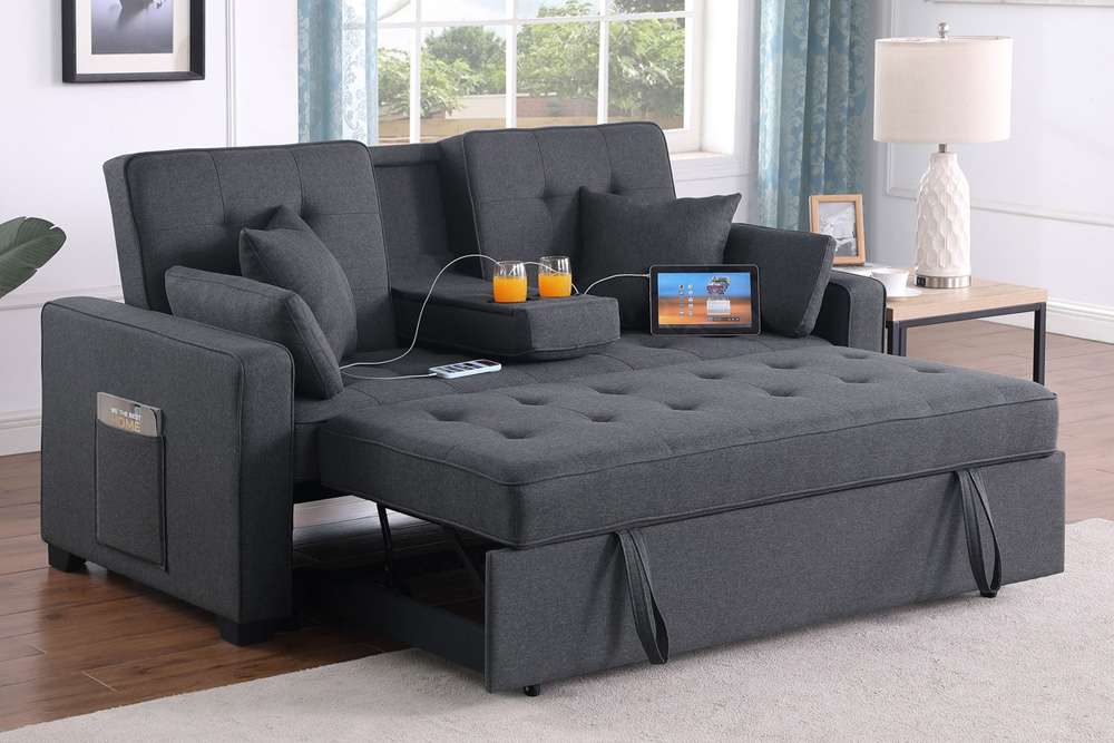 Lilola Home - Cody II 69.5inW Dark Gray Linen Convertible Sleeper Loveseat with Cup Holder, Charging Ports and Pocket - 83083 veiw 5