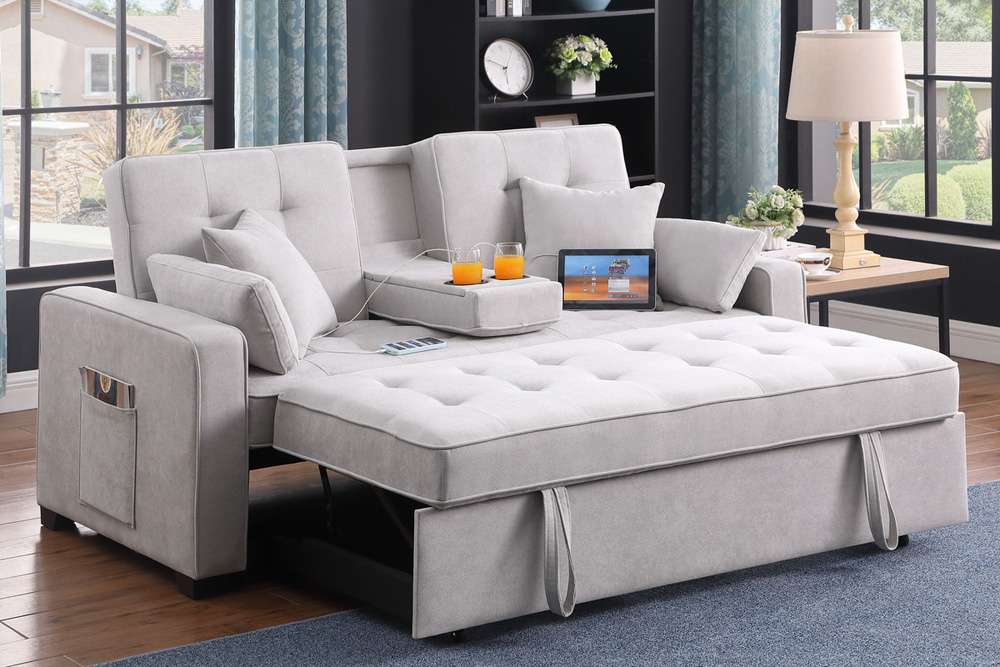 Lilola Home - Cody II 69.5inW Light Gray Woven Fabric Convertible Sleeper Loveseat with Cup Holder, Charging Ports and Pocket - 83082 veiw 5