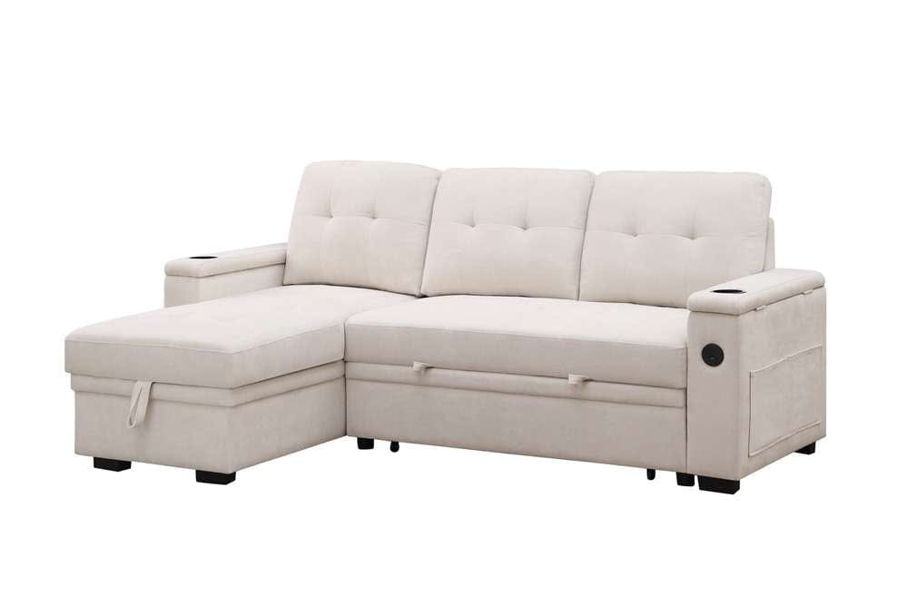 Lilola Home - Ashlyn II 84inW Beige Woven Fabric Reversible Sleeper Sectional Sofa with Storage Chaise, Storage Arm, Cup Holder, Charging Ports, and Pockets - 81447 veiw 1
