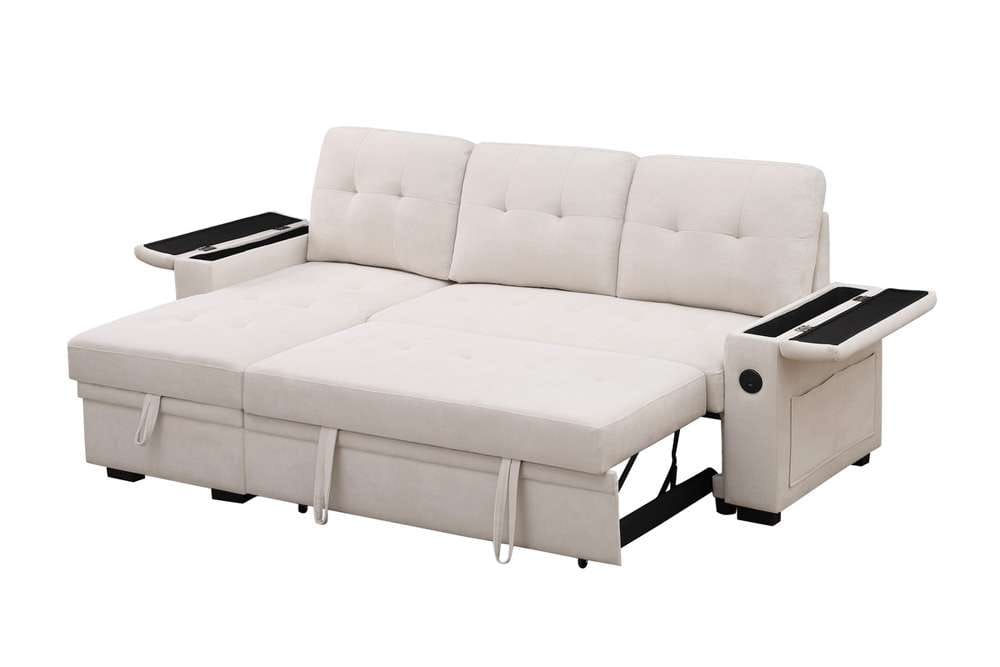 Lilola Home - Ashlyn II 84inW Beige Woven Fabric Reversible Sleeper Sectional Sofa with Storage Chaise, Storage Arm, Cup Holder, Charging Ports, and Pockets - 81447 veiw 2