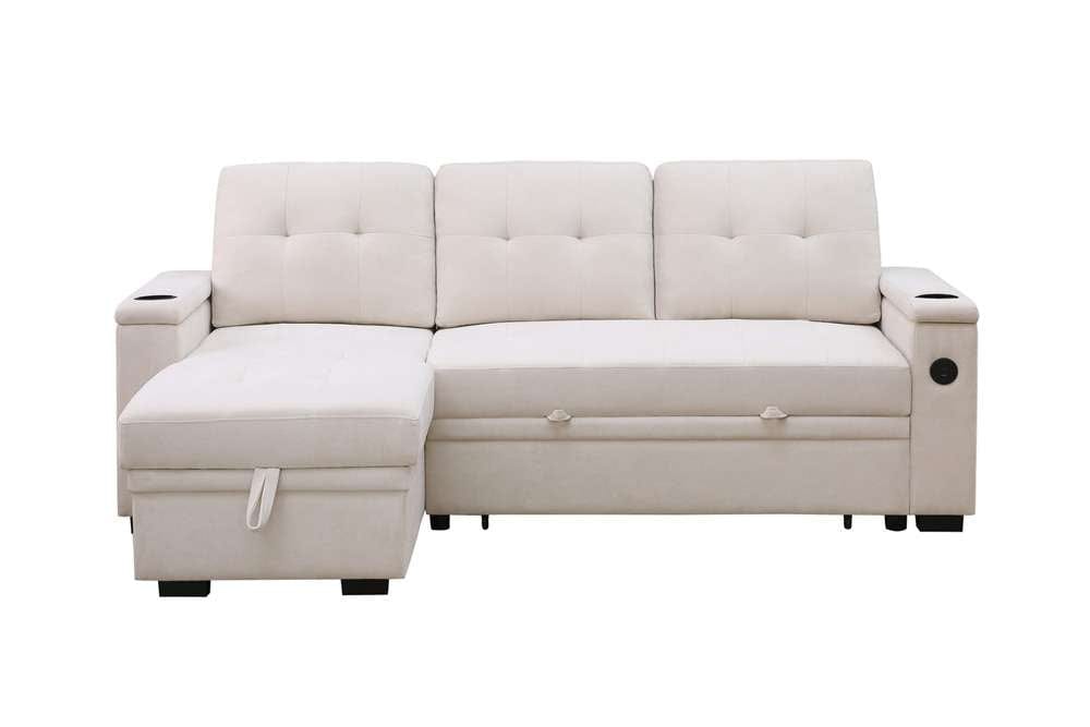 Lilola Home - Ashlyn II 84inW Beige Woven Fabric Reversible Sleeper Sectional Sofa with Storage Chaise, Storage Arm, Cup Holder, Charging Ports, and Pockets - 81447 veiw 3