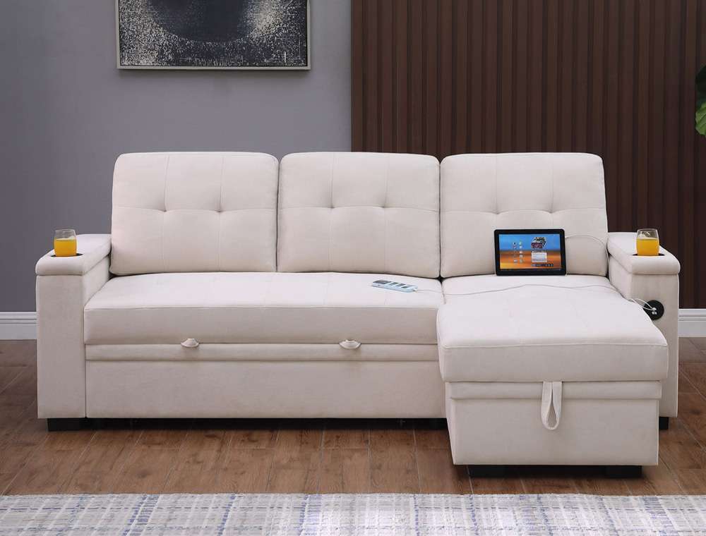 Lilola Home - Ashlyn II 84inW Beige Woven Fabric Reversible Sleeper Sectional Sofa with Storage Chaise, Storage Arm, Cup Holder, Charging Ports, and Pockets - 81447 veiw 4