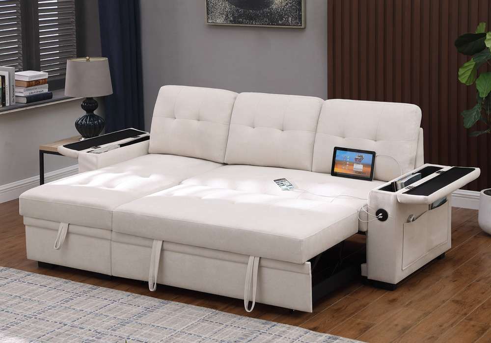 Lilola Home - Ashlyn II 84inW Beige Woven Fabric Reversible Sleeper Sectional Sofa with Storage Chaise, Storage Arm, Cup Holder, Charging Ports, and Pockets - 81447 veiw 5