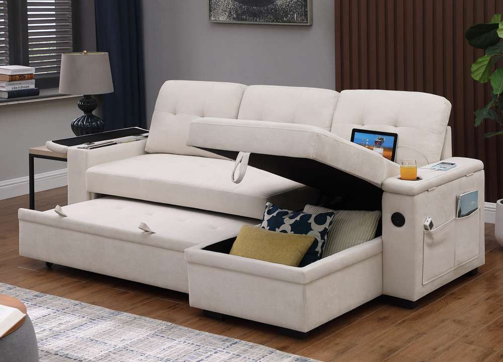 Lilola Home - Ashlyn II 84inW Beige Woven Fabric Reversible Sleeper Sectional Sofa with Storage Chaise, Storage Arm, Cup Holder, Charging Ports, and Pockets - 81447 veiw 6